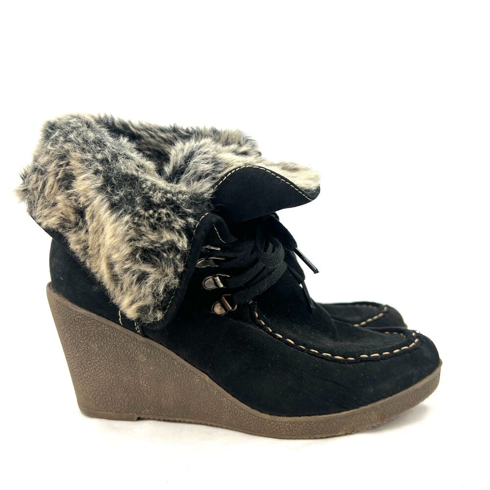 Vintage L.E.I. Y2K Black Suede Fur Trim Wedge Ankle Boots Booties Size 11